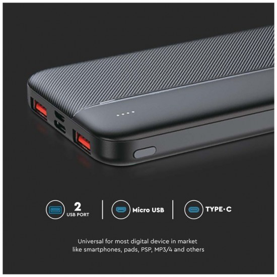 V-TAC Power Bank 10000mAh με Θύρα USB-A και Θύρα USB-C Μαύρο