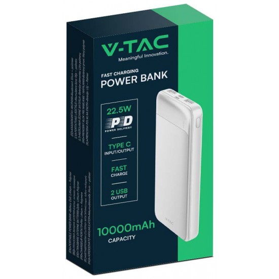 V-TAC 7834 Power Bank 10000mAh με Θύρα USB-A και Θύρα USB-C Λευκό