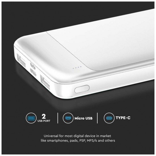 V-TAC 7834 Power Bank 10000mAh με Θύρα USB-A και Θύρα USB-C Λευκό