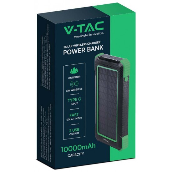 V-TAC Ηλιακό Power Bank 10000mAh 10W με Θύρα USB-A Μαύρο