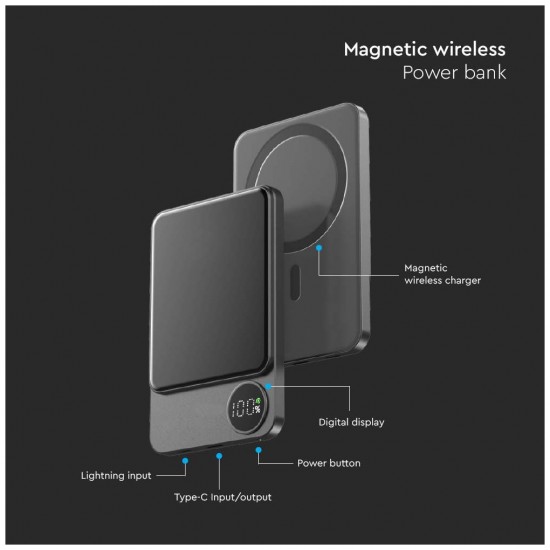 V-TAC MagSafe Power Bank 10000mAh 20W με Θύρα USB-C Σκούρο Γκρι