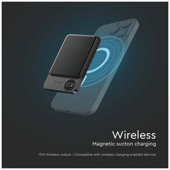 V-TAC MagSafe Power Bank 5000mAh 20W με Θύρα USB-C Σκούρο Γκρι