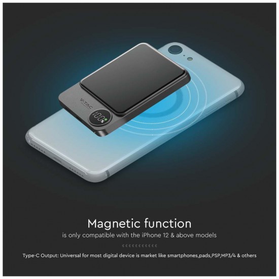 V-TAC MagSafe Power Bank 5000mAh 20W με Θύρα USB-C Σκούρο Γκρι