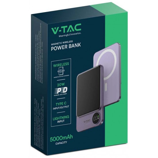 V-TAC MagSafe Power Bank 5000mAh 20W με Θύρα USB-C Μωβ