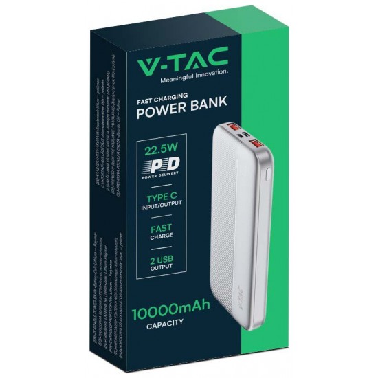 V-TAC Power Bank 10000mAh με Θύρα USB-A και Θύρα USB-C Λευκό