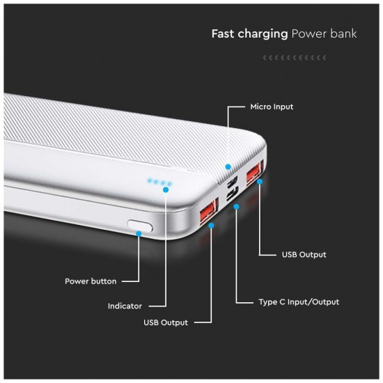 V-TAC Power Bank 10000mAh με Θύρα USB-A και Θύρα USB-C Λευκό