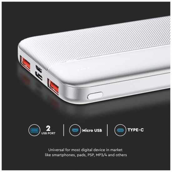 V-TAC Power Bank 10000mAh με Θύρα USB-A και Θύρα USB-C Λευκό