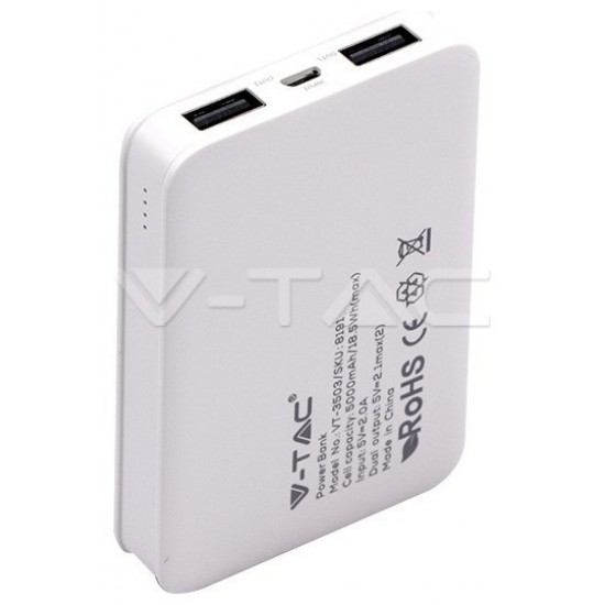 Φορτιστής Μπαταριά Power Bank 5000mAh με δύο Θύρες USB Χρώμα Λευκό