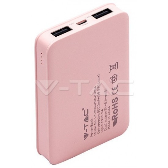 Φορτιστής Μπαταριά Power Bank 5000mAh με δύο Θύρες USB Χρώμα Ροζ