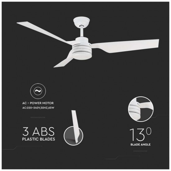V-TAC VT-6552-3 Ανεμιστήρας Οροφής 132cm με Τηλεχειριστήριο Λευκός