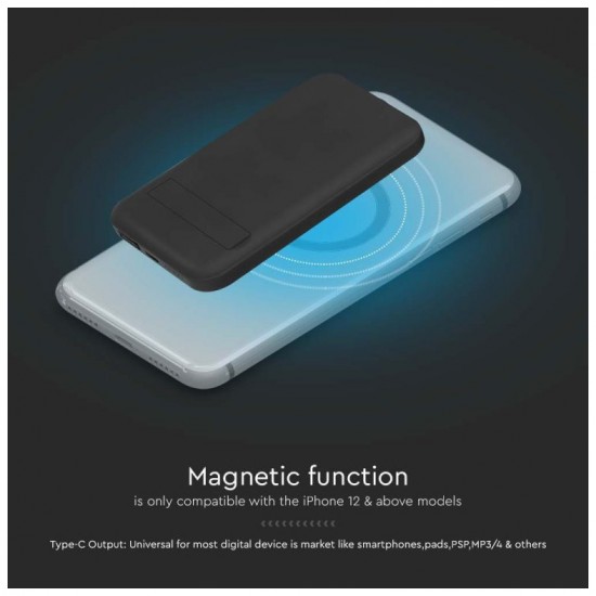 V-TAC PowerBank 10.000 mAh Γρήγορης Φόρτισης Μαγνητικό με Μεταλλικό Δαχτυλίδι για Android και Ασύρματη Φόρτιση Μαύρο 23038