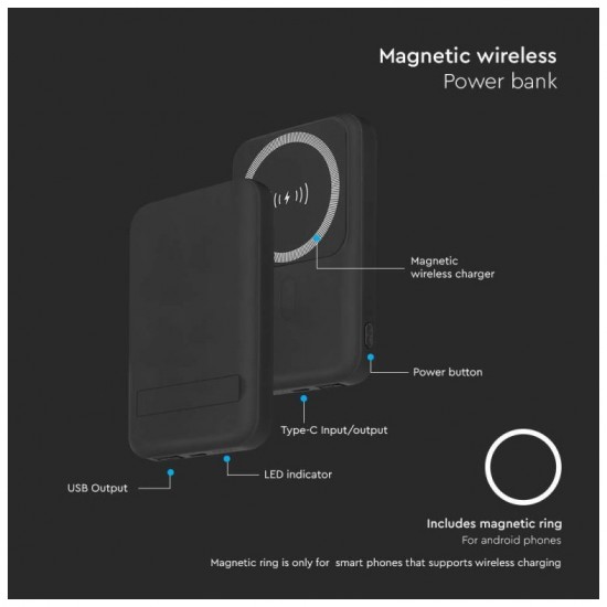 V-TAC PowerBank 10.000 mAh Γρήγορης Φόρτισης Μαγνητικό με Μεταλλικό Δαχτυλίδι για Android και Ασύρματη Φόρτιση Μαύρο 23038