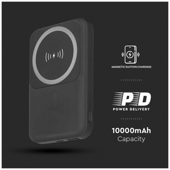 V-TAC PowerBank 10.000 mAh Γρήγορης Φόρτισης Μαγνητικό με Μεταλλικό Δαχτυλίδι για Android και Ασύρματη Φόρτιση Μαύρο 23038