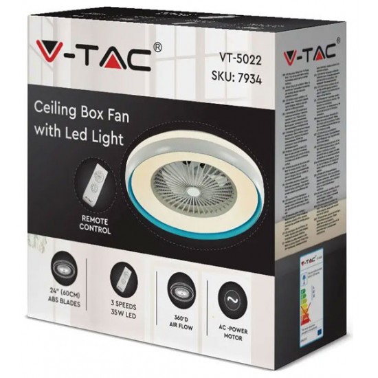 V-TAC Επιτοίχιος Ανεμιστήρας Οροφής-Φωτιστικό LED 45W 3000lm με 7 Πτερύγια AC Μοτέρ CCT 3σε1 και RF Τηλεχειρισμό Γκρι-Μπλε 217934