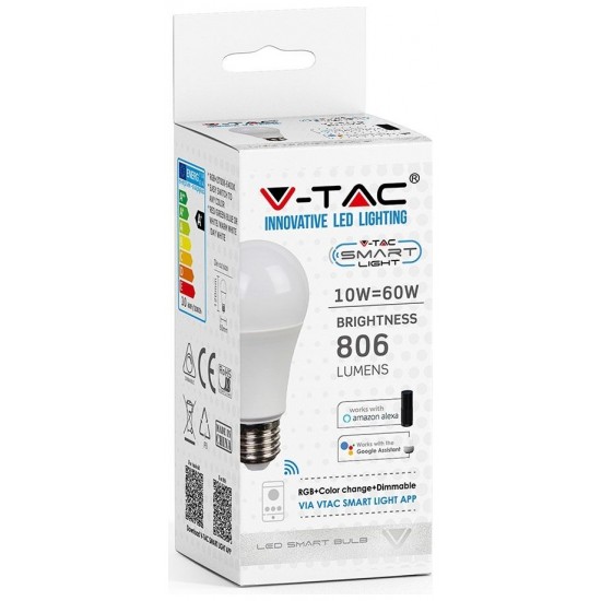 LED V-TAC Έξυπνη Λάμπα Ε27 A60 10W RGB + Θερμό και Ψυχρό Λευκό Dimmable Συμβατή με V-TAC SMART Light, Amazon Alexa και Google Home 2751