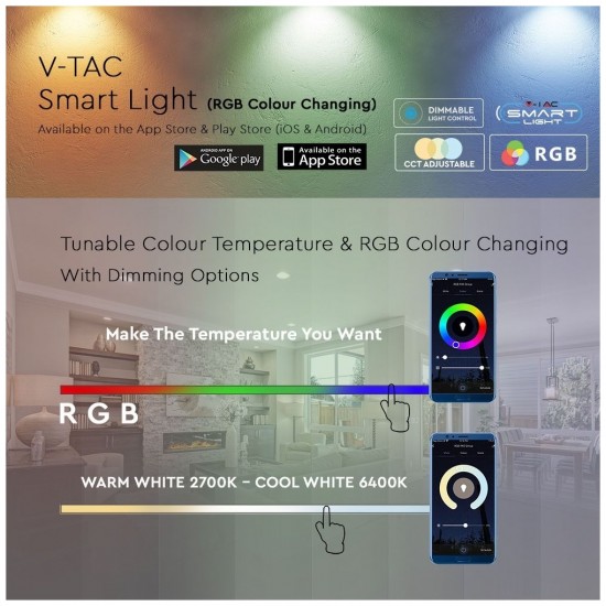 LED V-TAC Έξυπνη Λάμπα Ε27 A60 10W RGB + Θερμό και Ψυχρό Λευκό Dimmable Συμβατή με V-TAC SMART Light, Amazon Alexa και Google Home 2751