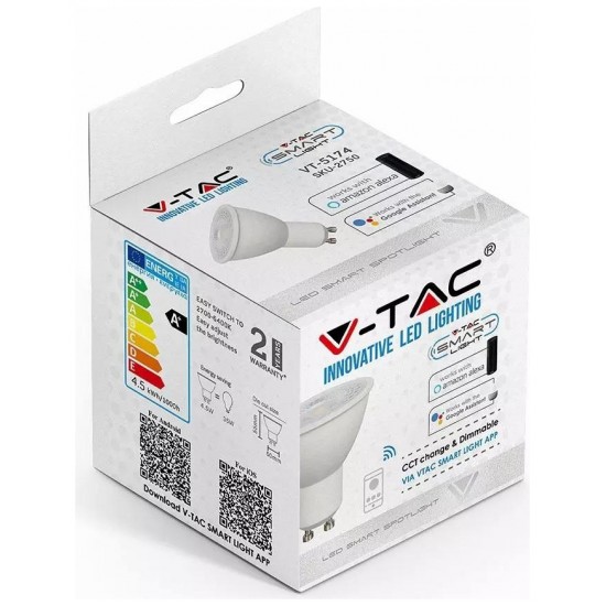 LED V-TAC Έξυπνο Σποτ GU10 4.5W RA80 WIFI Ψυχρό + Θερμό Dimmable Συμβατό με V-TAC SMART Light, Amazon Alexa και Google Home 2750