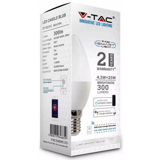 LED V-TAC Έξυπνη Λάμπα Ε14 Κεράκι 4.5W RGB + Θερμό και Ψυχρό Λευκό Dimmable Συμβατή με V-TAC SMART Light, Amazon Alexa και Google Home 2754