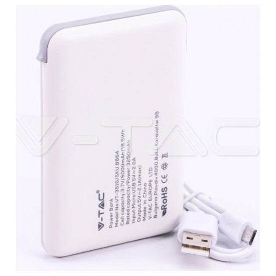 Φορτιστής Μπαταριά Power Bank 5000mAh με LED Ενδείξεις USB και ενσωματωμένο Γκρι καλώδιο Χρώμα Λευκό 8864