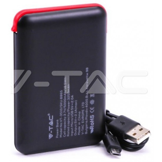 Φορτιστής Μπαταριά Power Bank 5000mAh με LED Ενδείξεις USB και ενσωματωμένο Κόκκινο καλώδιο Χρώμα Μαύρο 8865