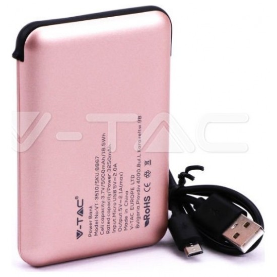 Φορτιστής Μπαταριά Power Bank 5000mAh με LED Ενδείξεις USB και ενσωματωμένο μαύρο καλώδιο Χρώμα Ροζ 8867