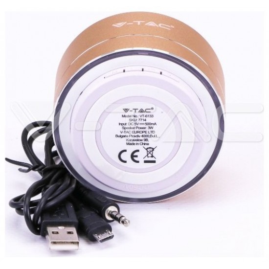 V-TAC Φορητό Μίνι Ηχείο Bluetooth 3W Επαναφορτιζόμενο 400mAh Χρυσό 7714