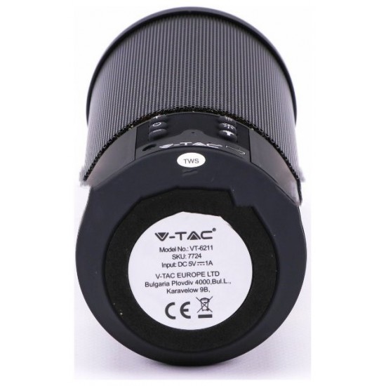 V-TAC Φορητό Ηχείο Bluetooth 6W Επαναφορτιζόμενο 1200mAh με LED 6 επίπεδα φωτισμού και εφέ φλόγας  (TWS Function ) Μαύρο 7724