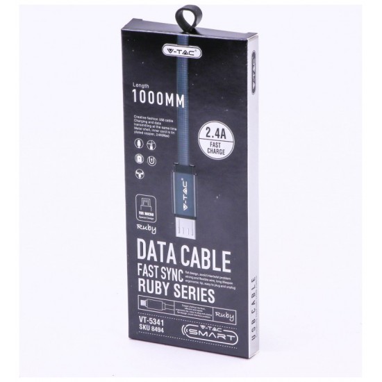 V-TAC Καλώδιο Ύφασμα USB- Micro USB 1 μέτρο Μαύρο Ruby Series 8494