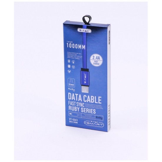 V-TAC Καλώδιο Ύφασμα USB- Micro USB 1 μέτρο Μπλε Ruby Series 8496