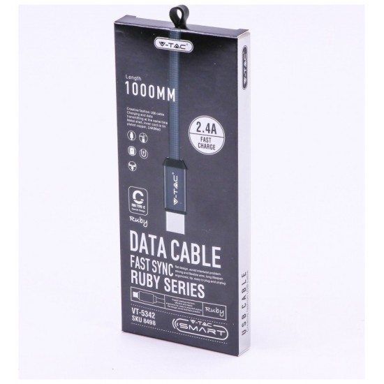 V-TAC Καλώδιο Ύφασμα USB- Type C 1 μέτρο Μαύρο Ruby Series 8498