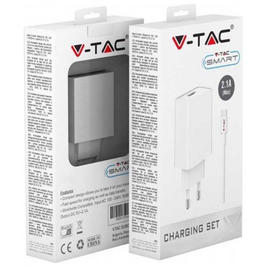 V-TAC Φορτιστής Ταξιδίου με Καλώδιο Type C USB Λευκός 8647