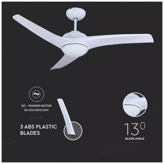 Ανεμιστήρας Οροφής V-TAC 35W Λευκός με 3 πτερύγια μαζί με Φωτιστικό Ρυθμιζόμενος 3 σε 1 με RF control  7919