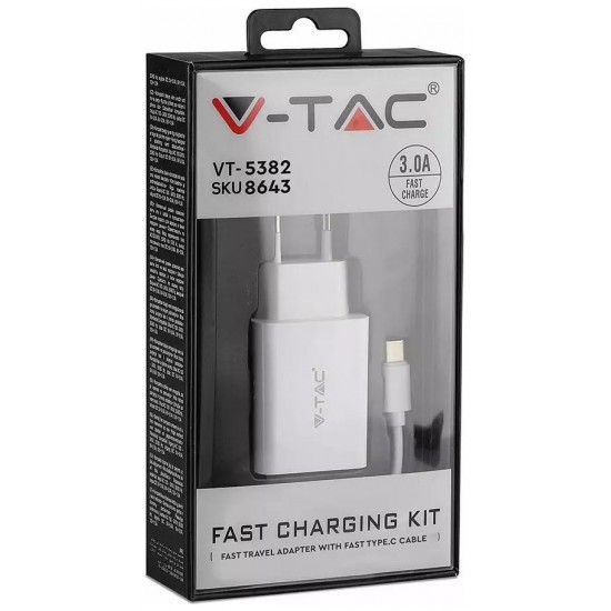 V-TAC Φορτιστής Ταξιδίου Ταχείας Φόρτισης με Καλώδιο Type-C USB Λευκός 8643