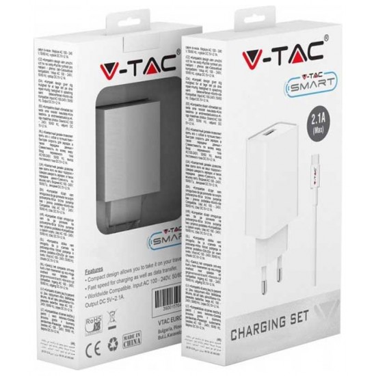 V-TAC Φορτιστής Ταξιδίου  με Καλώδιο micro USB Λευκός 8645