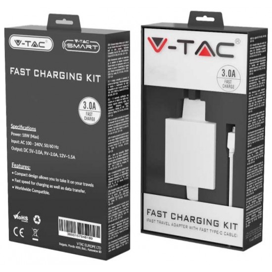 V-TAC Φορτιστής Ταξιδίου Ταχείας Φόρτισης με Καλώδιο Type-C USB Λευκός 8643