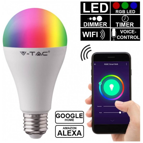 LED V-TAC Έξυπνη Λάμπα Ε27 A60 15W RGB + Θερμό και Ψυχρό Λευκό Dimmable Συμβατή με Amazon Alexa και Google Home 2753