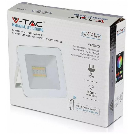 V-TAC LED Προβολέας BLUETOOTH SMD 20W RGB+W/WW/DW  Λευκός Συμβατός με V-TAC Smart Light 5984