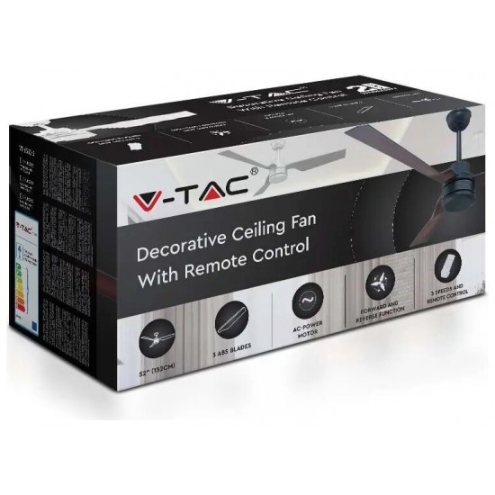 V-TAC Ανεμιστήρας οροφής LED 65W μαύρο σώμα 3 πτερυγίων με ρύθμιση μέσω RF control 2868